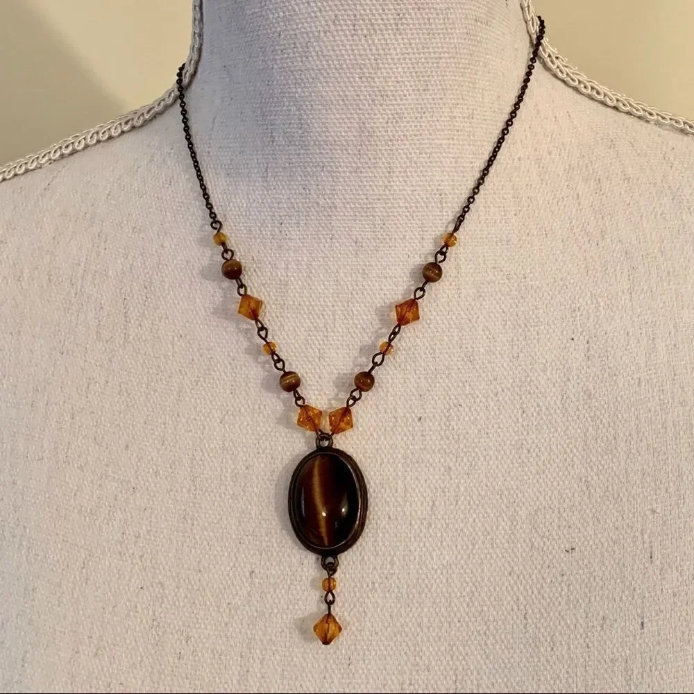 Pair of Brown Tigers Eye Jeweled beaded and silver tone Necklaces.